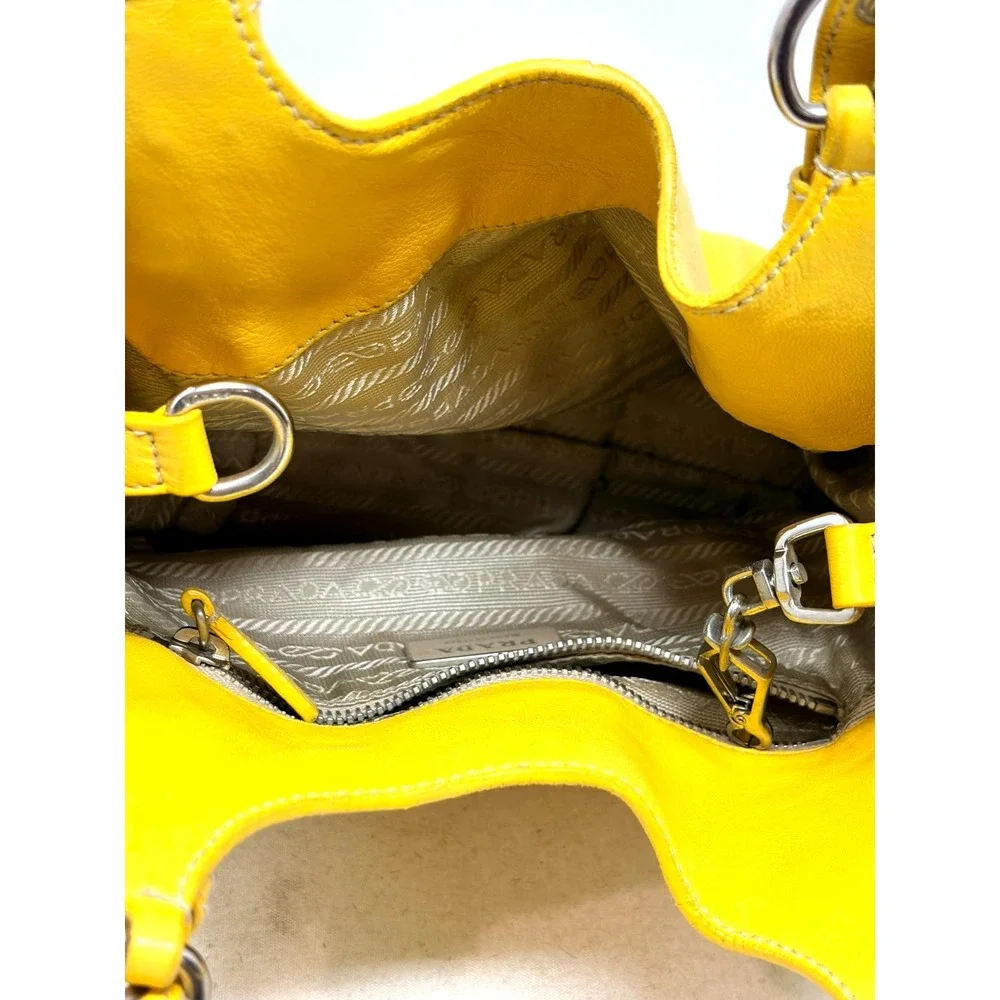 Prada Yellow Vitello Daino Leather Hobo Shoulder Bag Silver Hardware Made Italy